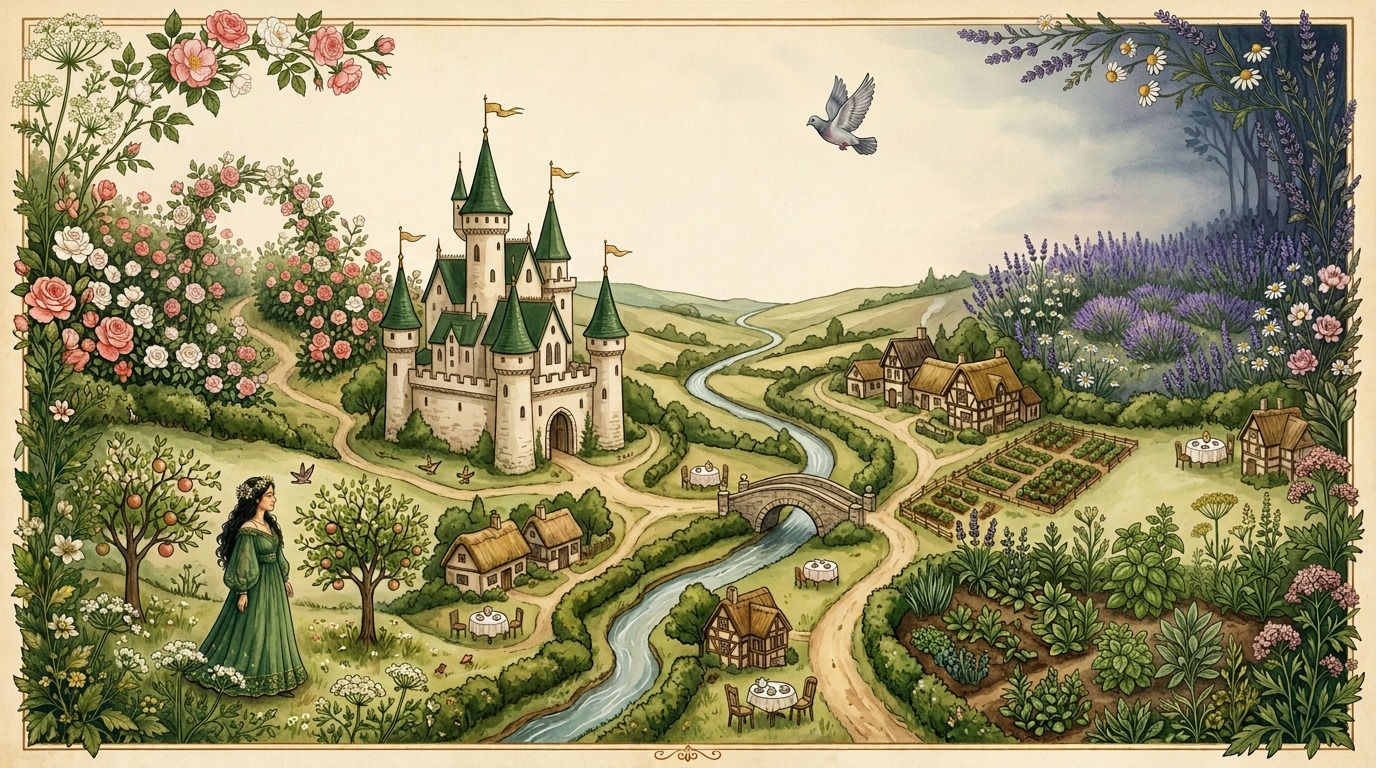 An illustrated RoyalTea kingdom with a green-roofed castle, winding river, gardens, tea tables and a queen in green beneath the apple trees